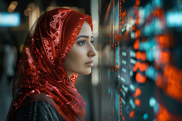 Asian Muslim woman IT specialist analyzing data information technology