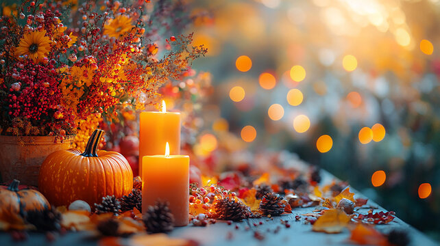 Thanksgiving table with candles, pumpkins, and festive autumn decorations, high-resolution image perfect for social media