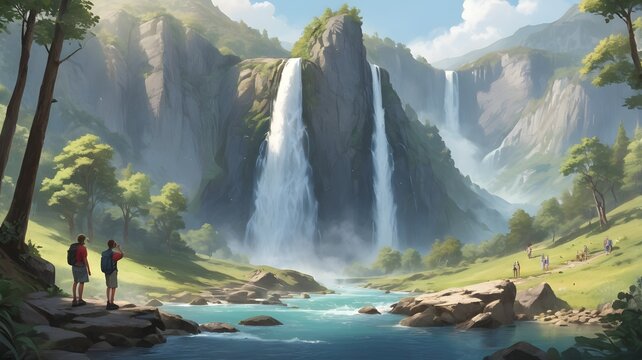  mountain waterfall with tourists admiring the natural beauty