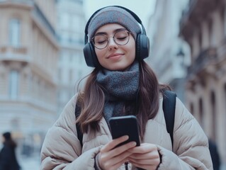 Woman using phone while wearing headphones and scarf, possible scenario for commuting or exercising
