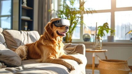 Golden Retriever dog Wearing Virtual Reality Headset on a Comfortable Sofa in a Sunlit Living Room. Concept of Pet Technology, Modern Home, Cute Dog, Relaxation