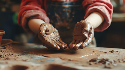 Fototapeta premium Close-up of hands shaping clay on a table, capturing the essence of pottery making. Perfect for illustrating creativity and craftsmanship.