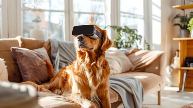 Golden Retriever dog Wearing Virtual Reality Headset on a Comfortable Sofa in a Sunlit Living Room. Concept of Pet Technology, Modern Home, Cute Dog, Relaxation