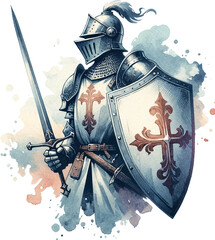 A knight is holding a sword and shield. The shield has a cross on it. The knight is standing in front of a splash of color