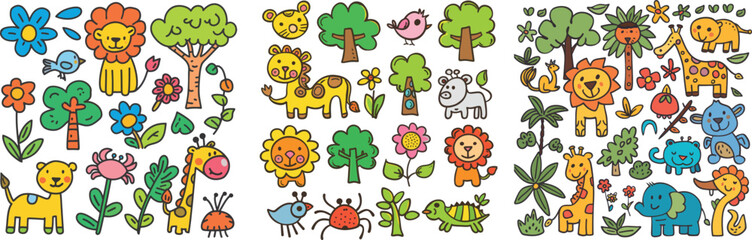 Obraz premium Baby zoo wild animals modern set with pencil drawing. Giraffe, lion and elephant illustration for kids.