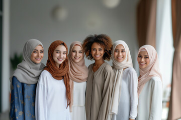 Group of smiling multiracial and multiethnic female colleagues looking at the camera, International Women's Day concept