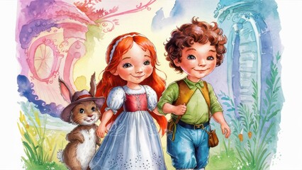 A painting of a boy and girl holding hands with their rabbit, AI