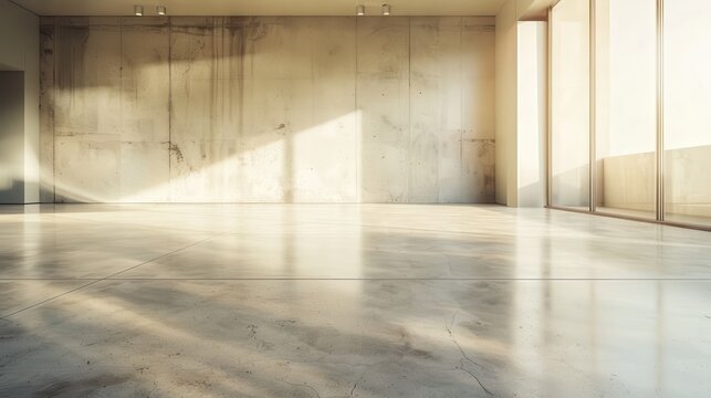 An empty floor background with a polished concrete surface, the space is clean and modern, providing a versatile and neutral setting for various applications, the design is simple and unobtrusive