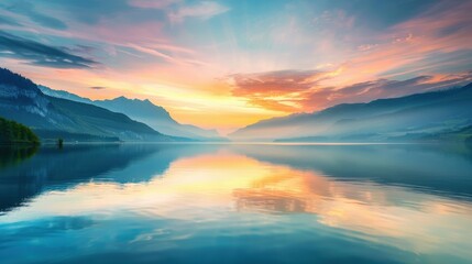 A picturesque landscape of a mountain lake at sunrise, with calm waters and a colorful sky