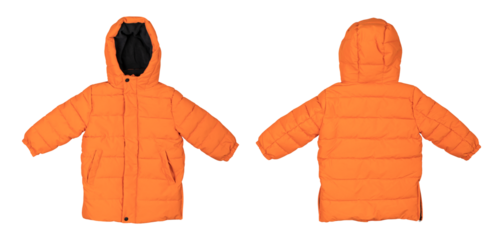 Orange children's jacket isolated on transparent background. With clipping path. Cut out contour autumn winter spring jacket for child, mockup. Object for advertising, design