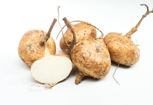 several jicama fruits isolated on a white background