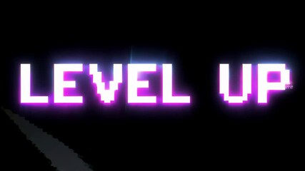 Retro animation of glowing text LEVEL UP with glitch effect on black background. 8 bit game screensaver. Game task complete award. Comic style computer letters. Game design, console screen concept