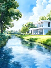 Obraz premium A serene landscape featuring a modern house by a tranquil stream surrounded by lush greenery and a clear blue sky.