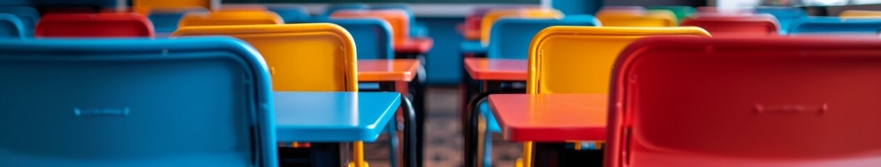 Modern Classroom Ambiance: A Focused Shot on the Blackboard with Blurred Desks and Students in the Background, Highlighting Education's Evolving Landscape.