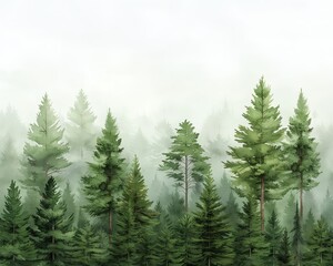 Fototapeta premium A serene landscape featuring tall evergreen trees shrouded in mist, creating a peaceful and tranquil atmosphere.