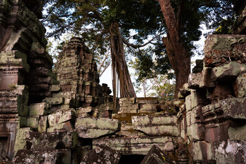 Angkor Thom, ancient temple ruins in Cambodia jungle with tree roots