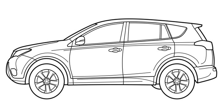 Ivano-Frankivsk, Ukraine - 29 Jan 2024: Outline drawing of a Toyota RAV4, a compact crossover SUV produced by the Japanese, side view. Vector doodle illustration.