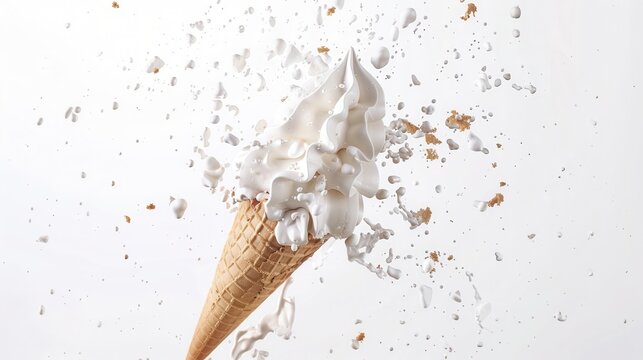 Closeup view of exploding tasty cone ice cream.