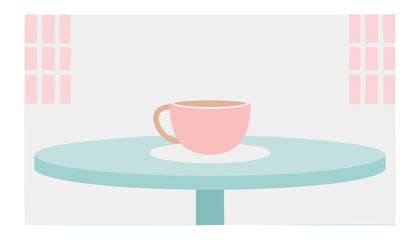 Illustrazione vettoriale di una tazzina di caffè su un tavolo in un caffè, con colori pastello che creano un'atmosfera elegante e rilassante, ideale per la colazione.