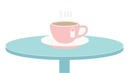 Illustrazione vettoriale di una tazzina di caffè su un tavolo in un caffè, con colori pastello che creano un'atmosfera elegante e rilassante, ideale per la colazione.