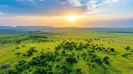 Aerial view of African savanna at sunset, African savanna sunset, stunning golden hour lighting and expansive landscapes
