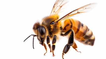 Individual honey bee suspended in mid-air, isolated on a pristine white background, showcasing its delicate wings and body