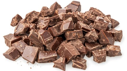 Pile of chocolate chunks with a glossy finish, separated on a clean white background, highlighting their rich texture