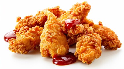 Pile of crispy fried chicken pieces coated in batter, each dipped in ketchup, separated on a clean white background