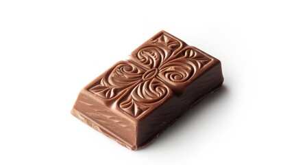 Single milk chocolate piece with detailed engraving, placed alone on a white background, emphasizing its smooth surface