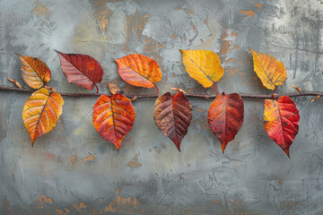 A twig with red and yellow leaves on a textured grey background.