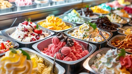 Trays of various flavor colorful ice cream in restaurant dessert section.