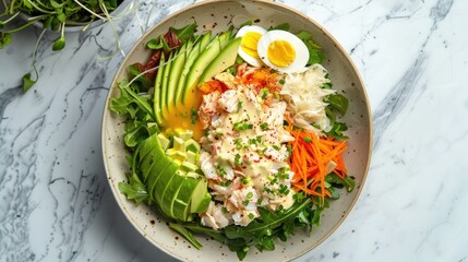 Top view of a crab Louie salad with mixed greens, avocado, hard-boiled eggs, and a creamy Louie dressing.