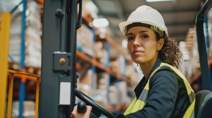 Focused woman in a hard hat and safety vest operating a forklift in a busy warehouse. Concepts of logistics, workforce safety, and industrial operations.
