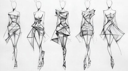minimal modern and avant garde fashion sketches on a white background, 16:9
