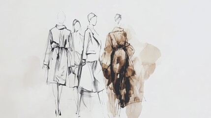 minimal modern and avant garde fashion sketches on a white background, 16:9