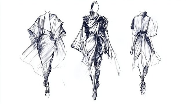 minimal modern and avant garde fashion sketches on a white background, 16:9