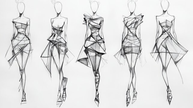 minimal modern and avant garde fashion sketches on a white background, 16:9