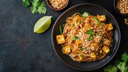 Top view of a Pad Thai dish with rice noodles, eggs, and tofu, garnished with crushed peanuts and a wedge of lime.