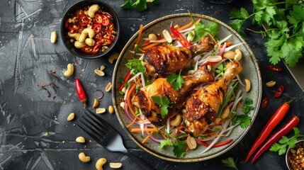 Top view of a papaya salad with crushed peanuts and dried shrimp, paired with juicy grilled chicken legs.