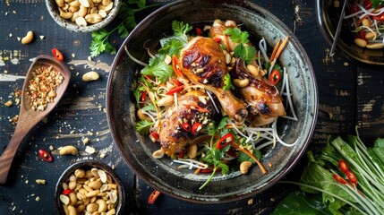 Top view of a papaya salad with crushed peanuts and dried shrimp, paired with juicy grilled chicken legs.