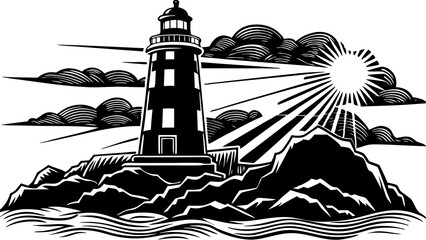 Elegant Lighthouse Silhouette Illustrations: Perfect for Seaside Deco
