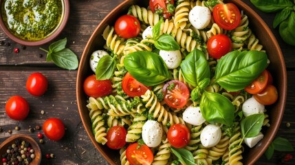 Top view of a pasta salad with rotini, cherry tomatoes, mozzarella balls, and basil, drizzled with a pesto dressing.