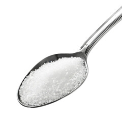 Close-up image of a teaspoon filled with white granulated sugar against a plain background, perfect for culinary and diet-related content.