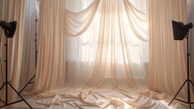 Light and airy studio backdrop with curtains and two studio ligh