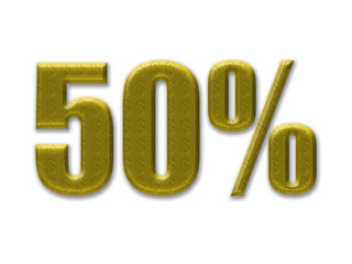 Gold 50% discount percentages, promo banner isolated on transparent background