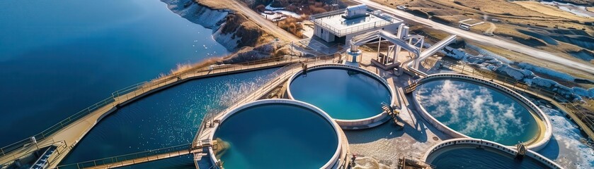 Hot springs harnessed for renewable energy, natural source, top view, sustainable power, technology tone, Complementary Color Scheme, copy space for text