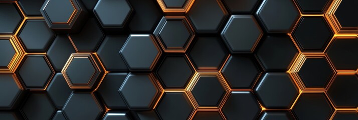 A futuristic hexagon background banner illustration 3D with a glow of gold, brown, gray and black. A wall with a texture wall of a gold, brown, gray and black hexagonal shapes.