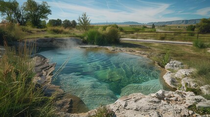 Obraz premium Natural hot springs harnessed for energy, renewable power, front view, green technology, cybernetic tone, Splitcomplementary color scheme, copy space for text