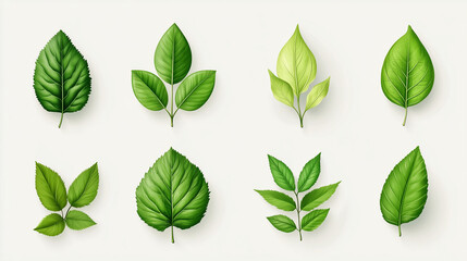 green leaves isolated on white background, set of leaves illustration