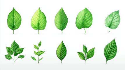 green leaves isolated on white background, set of leaves illustration